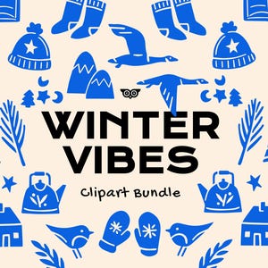 Winter Vibes clipartbundel, handgetekende linosnede vectoren, gezellige winter png, linoprint winterkunst, winterposterpatroon