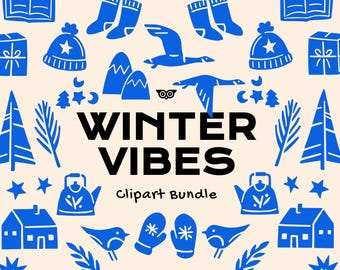 Winter Vibes Clipart Bundle, Handrawn Linocut Vectors, Cozy Winter PNG, Linoprint Winter Art, Winter poster pattern