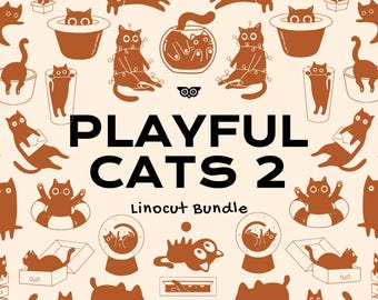 Playful Cats 2 Linocut Bundle | Cat Svg Bundle | Cute Cat PNG | Funny Cat Illustrations | Pet Clipart | Cricut Files | Ai Eps SVG PNG