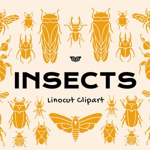 Insekter linoleumsnitt Clipart, skalbagge handritade vektorer, PNG-buggar och insekter, Canva-fil SVG-mal, trollslända linoleumtryck