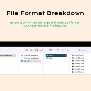 May include: A digital file directory display titled File Format Breakdown with the subtitle Below is what you can expect in terms of folder management and file formats. The interface shows a column view of folders including Product Example, Exports, PNG, and SVG, with a list of numbered assets.