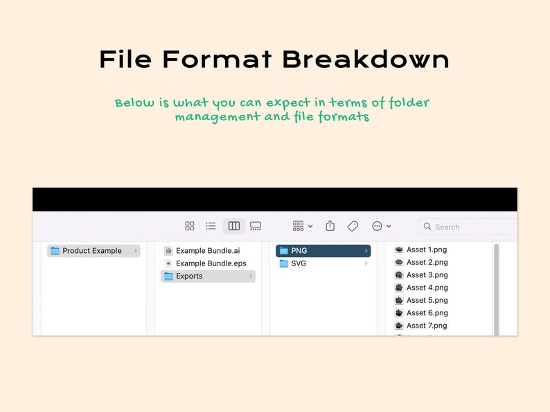 May include: A digital file directory display titled File Format Breakdown with the subtitle Below is what you can expect in terms of folder management and file formats. The interface shows a column view of folders including Product Example, Exports, PNG, and SVG, with a list of numbered assets.