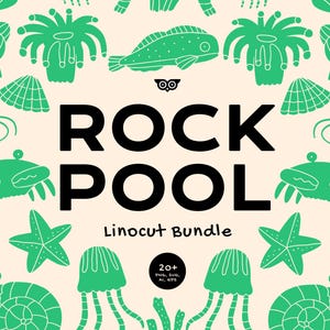 Roche piscine linogravure Bundle, océan Clip art SVG, PNG créatures marines, poissons et coquillages silhouette, canca corail dessiné à la main