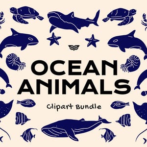 Bundle de cliparts animaux marins, fichiers SVG de créature marine dessinée à la main, PNG, vie aquatique, animaux marins, baleines silhouette
