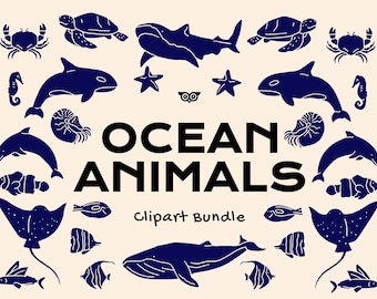 Paquete de imágenes prediseñadas de animales marinos, archivos SVG de criaturas marinas dibujadas a mano, vida acuática PNG, animales marinos, siluetas de ballenas