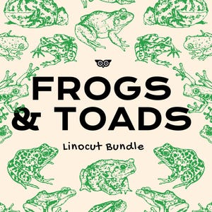 Frogs & Toads Linocut Bundle | Frog Clipart PNG SVG | Toad Illustrations | Cottagecore Woodland Art | Vintage Woodcut Bundle