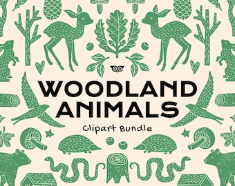 Woodland Animals Clipart Bundle, Animal SVG files, Canva bear PNG, Forest animals Clip art, Handrawn Linocut animals