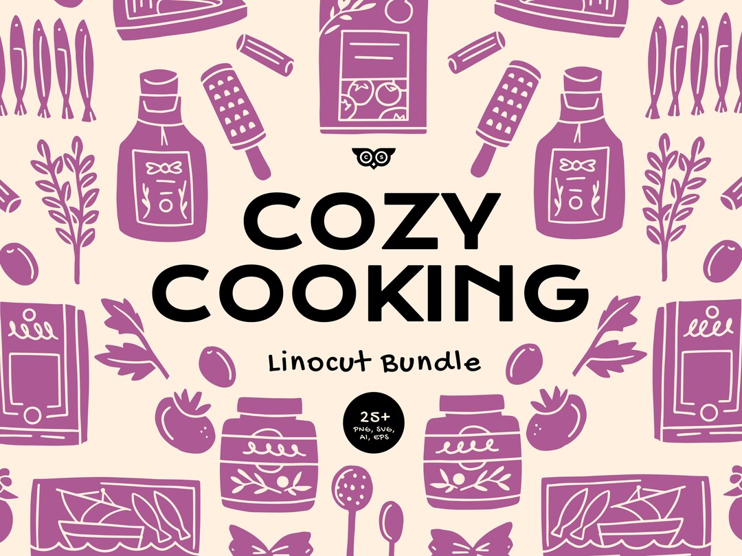 Cozy Cooking Linocut Bundle, Handrawn Ingredients PNG, SVG Food ...