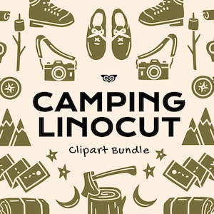 Paquete de imágenes prediseñadas de linograbado para acampar, imágenes PNG de pesca en linograbado a mano, archivos SVG de fogata, ilustración editable de tienda de campaña, imágenes prediseñadas de mapa, vectores de mochila