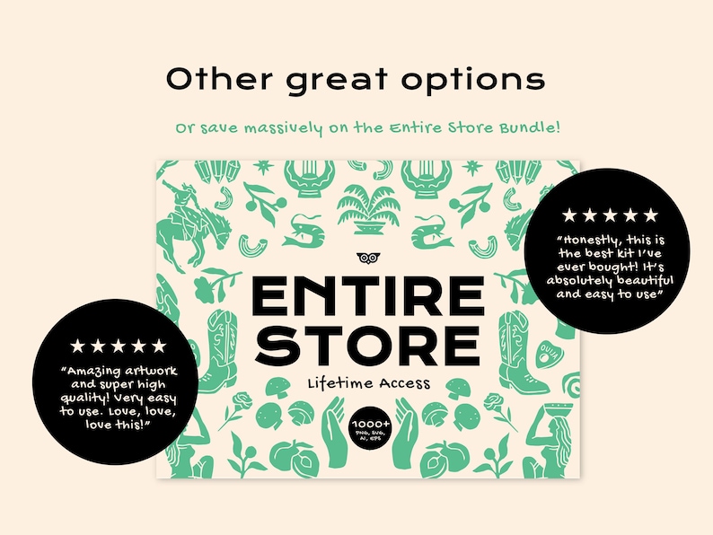 Puede incluir: Una pantalla gr&aacute;fica digital con el texto "Other great options" y "Entire Store Lifetime Access" con un patr&oacute;n de ilustraciones verdes que incluyen botas vaqueras, setas y figuras sobre un fondo crema, flanqueado por dos burbujas de rese&ntilde;as circulares negras.