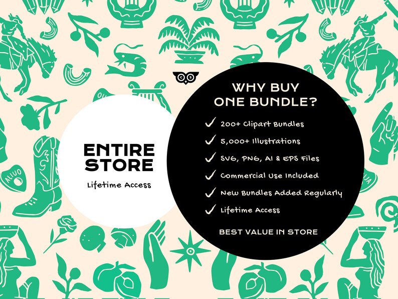 Puede incluir: Un gr&aacute;fico digital con fondo crema y un patr&oacute;n repetitivo de iconos verdes que incluyen botas de vaquero, caballos y plantas. Un c&iacute;rculo blanco muestra el texto ENTIRE STORE Lifetime Access, y un c&iacute;rculo negro enumera las caracter&iacute;sticas del paquete.