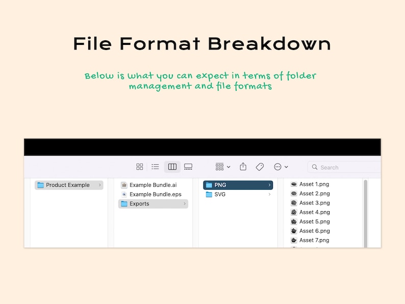 Puede incluir: Una visualizaci&oacute;n de directorio de archivos titulada File Format Breakdown con el subt&iacute;tulo Below is what you can expect in terms of folder management and file formats. La interfaz muestra carpetas etiquetadas como Product Example, Exports, PNG y SVG.