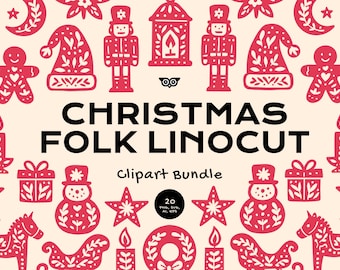 Christmas Folk Linocut clipart bundle, handrawn santa silhouette, Scandinavian christmas animals, linoprint holidays, Snowman illustrations