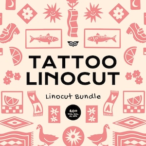 Puede incluir: Un paquete de arte digital con varios diseños de linograbado rosa sobre un fondo crema. Los diseños incluyen peces, mariposas, flores, zapatos y formas geométricas. El texto "TATTOO LINOCUT" se muestra de forma destacada.