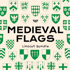 Puede incluir: Una colección de diseños de escudos heráldicos en verde y crema dispuestos en un patrón de cuadrícula. El texto MEDIEVAL FLAGS Linocut Bundle está impreso en negro en el centro, acompañado por un pequeño icono de búho negro sobre la palabra MEDIEVAL.
