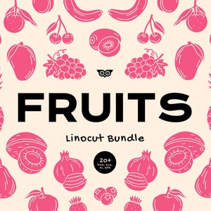 Früchte Linolschnitt Clipart, handgezeichnete Sommerobst png, Pfirsiche Silhouette, Bananenlinoldruck Design, SVG Obstmuster, einfaches Obstlogo