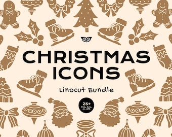 Christmas Icons Linocut Bundle, Handrawn christmas silhouette, Simple christmas icons, clip art holiday season