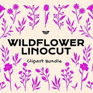 Wildflower Linosnede clipartbundel, Floral vector clipart, handgetekende linosnede bloemen, botanische silhouet png, platte bloemdecoratie tekening