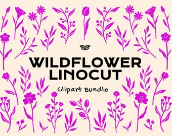 Paquete de imágenes prediseñadas de linograbado de flores silvestres, imágenes prediseñadas vectoriales florales, flores de linograbado dibujadas a mano, silueta botánica PNG, dibujo de decoración floral plana
