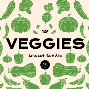 Gemüse Linolschnitt Bündel, handgezeichnetes PNG Gemüse, Mais SVG, Menü Linoldruck Illustrationen, Einfaches Restaurant Design, Canva Gemüse Vektor