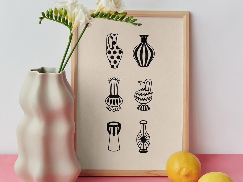 Pacchetto di clipart di vasi astratti in linoleografia / Vaso in ceramica moderno SVG / Clipart di vaso di metà secolo / Ceramica minimalista vettoriale / Decorazione per la casa boho PNG immagine 4