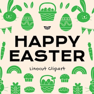Joyeuses Pâques linogravure Clipart Bundle, Easter bunny Vector PNG, linogravure SVG vacances, oeufs en chocolat illustrations, silhouette pâques