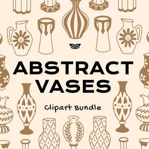 Pu&ograve; includere: Una grafica digitale che presenta il testo ABSTRACT VASES Clipart Bundle in nero, circondato da un motivo ripetitivo di varie illustrazioni di vasi marroni su uno sfondo color crema chiaro, inclusi motivi floreali, a scacchi e a cuore.