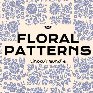 May include: A digital graphic featuring a repeating pattern of periwinkle blue floral linocut illustrations on a cream background. The text "FLORAL PATTERNS" appears in bold black letters above the words "Linocut Bundle" with a small owl icon.