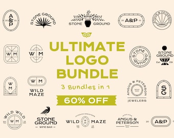 May include: A collection of black and white logo designs, including text that reads "ULTIMATE LOGO BUNDLE" and "60% OFF". The logos feature various shapes and text, suitable for branding and design.