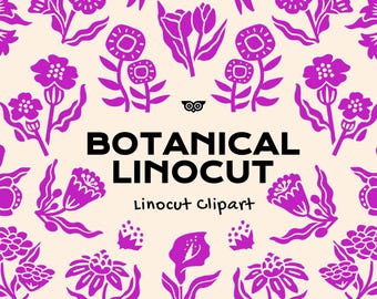 Conjunto de arte botánico en linóleo, conjunto de flores dibujadas a mano, flores PNG, flores vectoriales, imágenes prediseñadas botánicas, flores de boda, plantas, iconos de flores.