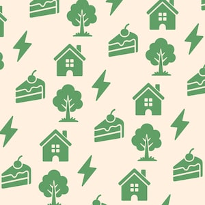 May include: A repeating pattern on a light cream background featuring green icons of houses, trees, lightning bolts, and slices of cake topped with a cherry. The graphic elements are arranged in a scattered, uniform layout across the surface.