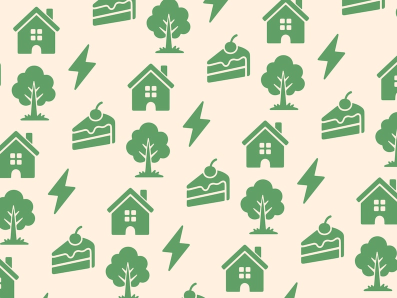 May include: A repeating pattern on a light cream background featuring green icons of houses, trees, lightning bolts, and slices of cake topped with a cherry. The graphic elements are arranged in a scattered, uniform layout across the surface.