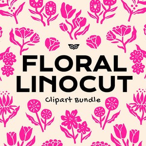 Paquete de imágenes prediseñadas de linograbado floral, flores dibujadas a mano en linograbado, imágenes PNG de linograbado botánico, archivos vectoriales de rosas, imágenes prediseñadas de decoración floral