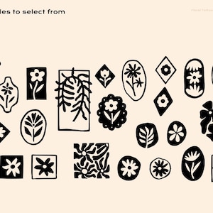 Puede incluir: Una colecci&oacute;n de iconos gr&aacute;ficos florales y bot&aacute;nicos negros dispuestos sobre un fondo crema claro. El texto "Various styles to select from" aparece en la esquina superior izquierda. Los dise&ntilde;os incluyen varias formas como rect&aacute;ngulos, &oacute;valos y diamantes que contienen flores, hojas y tallos en un estilo de tinta negra s&oacute;lida de alto contraste.
