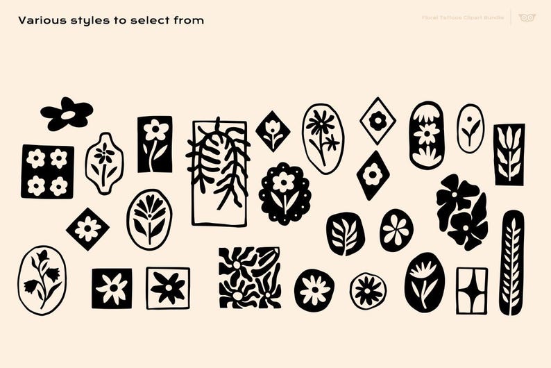 Puede incluir: Una colecci&oacute;n de iconos gr&aacute;ficos florales y bot&aacute;nicos negros dispuestos sobre un fondo crema claro. El texto "Various styles to select from" aparece en la esquina superior izquierda. Los dise&ntilde;os incluyen varias formas como rect&aacute;ngulos, &oacute;valos y diamantes que contienen flores, hojas y tallos en un estilo de tinta negra s&oacute;lida de alto contraste.