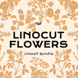 Blommor linoleumsnitt bunt | Blommig clipart PNG SVG | Botaniska illustrationer | Vintage vildblomskonst | Träsnitt bunt