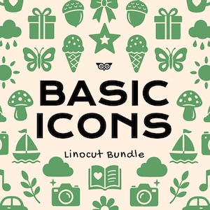 May include: A digital graphic featuring the text BASIC ICONS Linocut Bundle in black, surrounded by a repeating pattern of green icons including butterflies, cameras, mushrooms, sailboats, stars, gifts, and clouds on a light cream background.