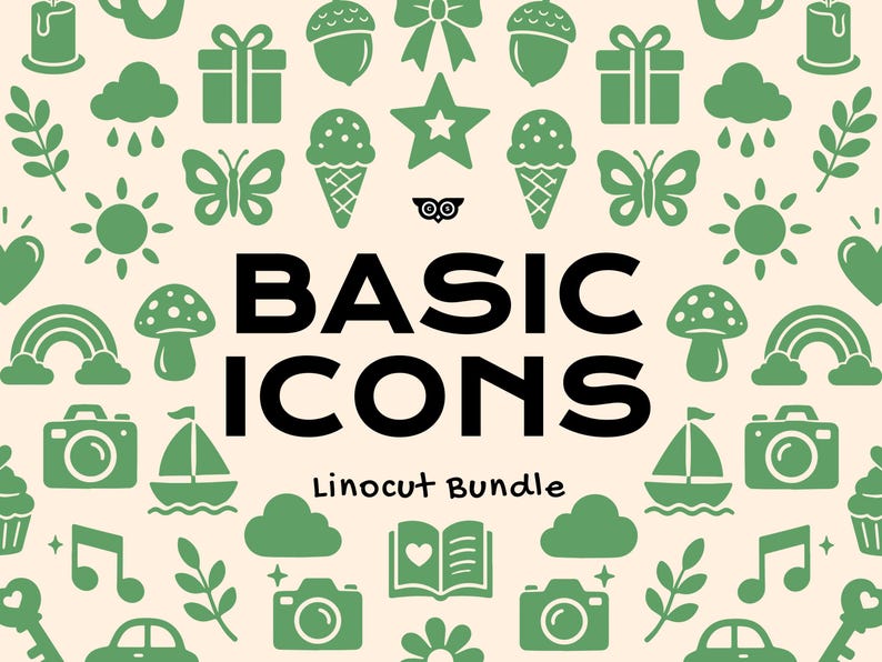 May include: A digital graphic featuring the text BASIC ICONS Linocut Bundle in black, surrounded by a repeating pattern of green icons including butterflies, cameras, mushrooms, sailboats, stars, gifts, and clouds on a light cream background.