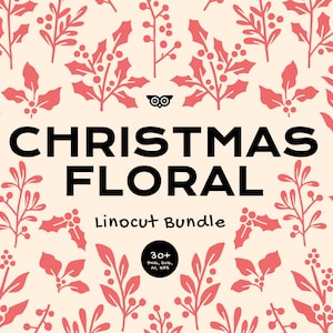 Paquete de imágenes prediseñadas florales navideñas, vectores de linograbado dibujados a mano, PNG navideño, vector de patrón de muérdago