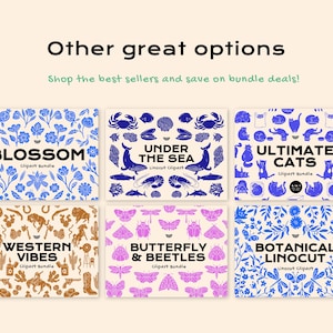 Puede incluir: Una pantalla digital que muestra seis paquetes de im&aacute;genes predise&ntilde;adas rectangulares con el texto Other great options y Shop the best sellers and save on bundle deals. Los paquetes incluyen Blossom, Under the Sea, Ultimate Cats, Western Vibes, Butterfly & Beetles y Botanical Linocut.
