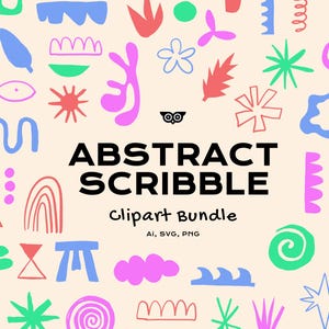 May include: A collection of colourful abstract scribble clipart illustrations. The illustrations include various shapes, lines, and patterns in pink, blue, green, red, and yellow.
