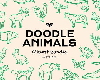 Doodle Animals Clipart Bundle, SVG Animal Drawings, Handrawn Animal line PNG, Vector Cute animal clipart, Line art dog drawings