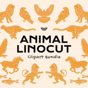 Puede incluir: Un conjunto de 12 ilustraciones de animales en linóleo naranja, que incluyen un león, un guepardo, un búho, un caballo y un pez. Las ilustraciones son de estilo vintage y son perfectas para agregar un toque de fantasía a cualquier proyecto.
