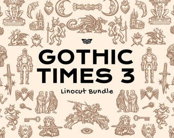 Gothic Times 3 Linoleumsnittspaket | Medeltida gotisk clipart vol 3 | Linoleumsnittskonst med mörk folksymbol | PNG SVG eps Ai