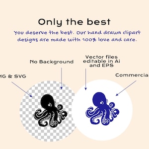 Puede incluir: Un gr&aacute;fico digital que presenta dos ilustraciones de pulpo con el texto: Only the best. You deserve the best. Our hand drawn clipart designs are made with 100% love and care. Las etiquetas indican PNG & SVG, No Background, Vector files editable in Ai and EPS, y Commercial Use.