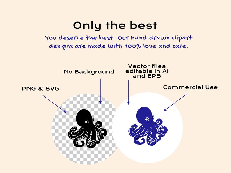 Puede incluir: Un gr&aacute;fico digital que presenta dos ilustraciones de pulpo con el texto: Only the best. You deserve the best. Our hand drawn clipart designs are made with 100% love and care. Las etiquetas indican PNG & SVG, No Background, Vector files editable in Ai and EPS, y Commercial Use.