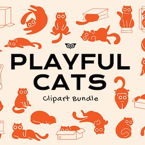Bundle de clipart chats ludiques, chatons vectoriels, fichiers PNG et SVG de chat dessinés à la main, clipart linogravure miaou, fichiers canva chat ludique