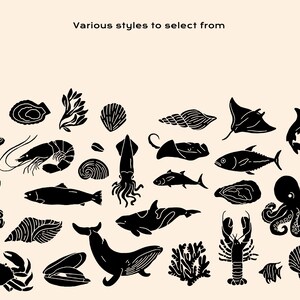 Puede incluir: Una colecci&oacute;n de siluetas negras que representan diversas formas de vida marina, incluyendo una ballena, pulpo, langosta, cangrejo, tibur&oacute;n, raya, calamar, camar&oacute;n, peces, medusa, coral y varias conchas marinas, con el texto en la parte superior.