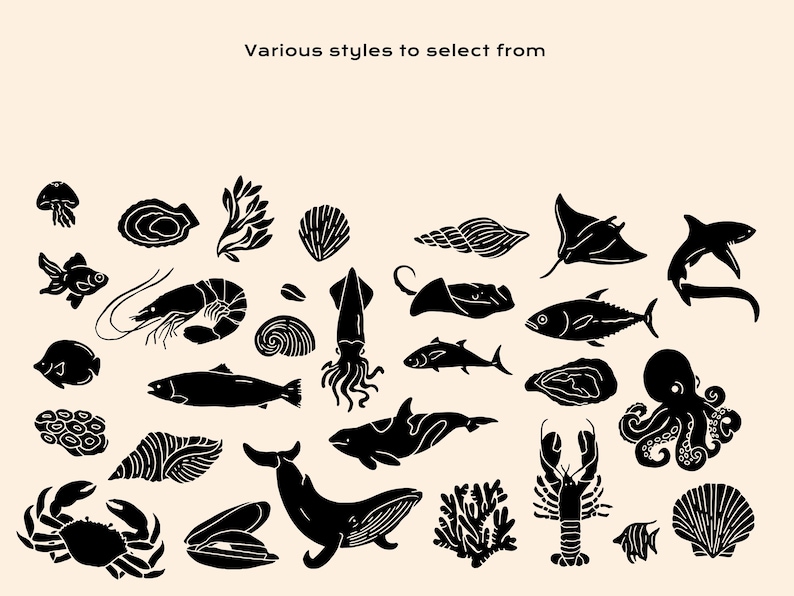 Puede incluir: Una colecci&oacute;n de siluetas negras que representan diversas formas de vida marina, incluyendo una ballena, pulpo, langosta, cangrejo, tibur&oacute;n, raya, calamar, camar&oacute;n, peces, medusa, coral y varias conchas marinas, con el texto en la parte superior.