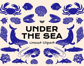 May include: A collection of blue linocut-style marine life illustrations on a cream background, featuring crabs, fish, whales, shrimp, and shells. The text reads UNDER THE SEA Linocut Clipart with a small owl icon centered above the words.
